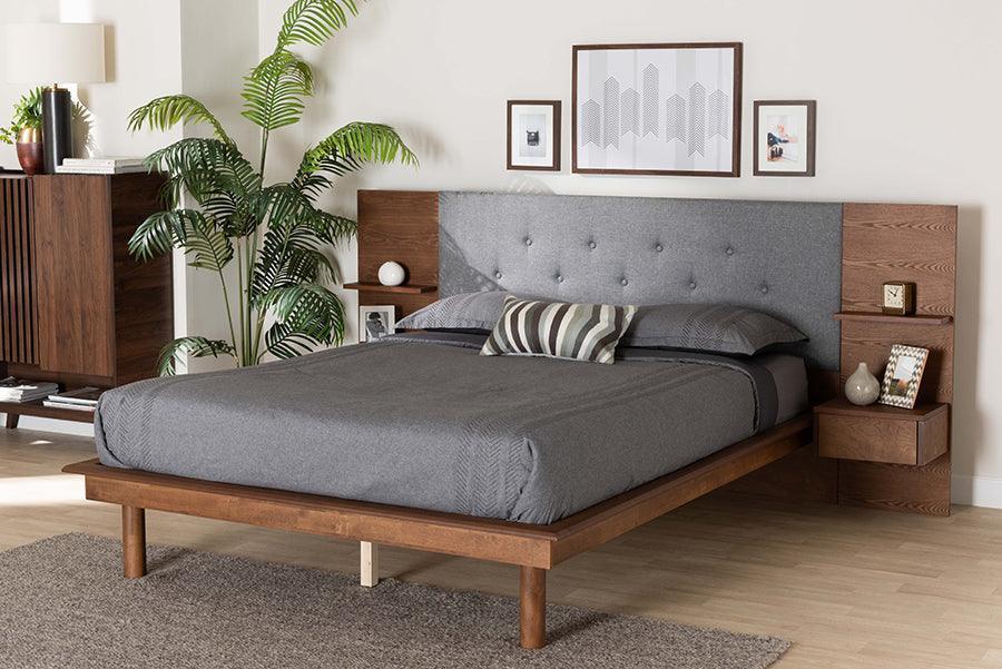 Eliana Mid-Century Modern Transitional Grey Fabric and Ash Walnut Finished Wood King Size Platform Storage Bed with Built-In Nightstands FredCo