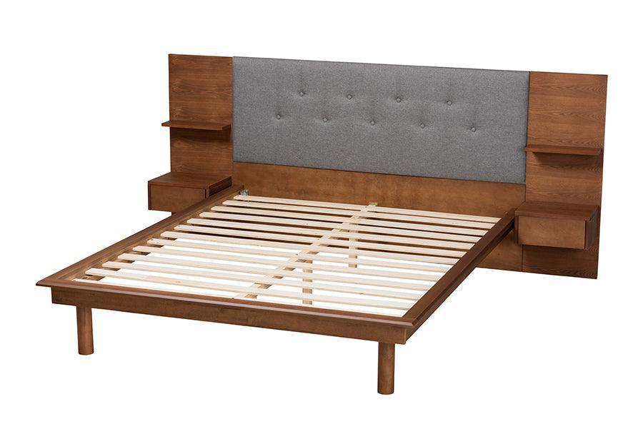 Eliana Mid-Century Modern Transitional Grey Fabric and Ash Walnut Finished Wood King Size Platform Storage Bed with Built-In Nightstands FredCo