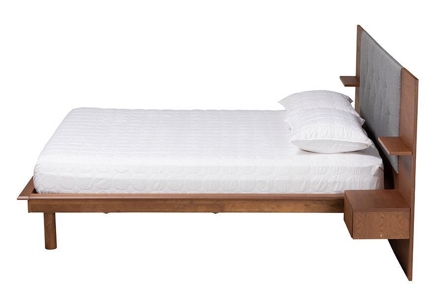 Eliana Mid-Century Modern Transitional Grey Fabric and Ash Walnut Finished Wood King Size Platform Storage Bed with Built-In Nightstands FredCo