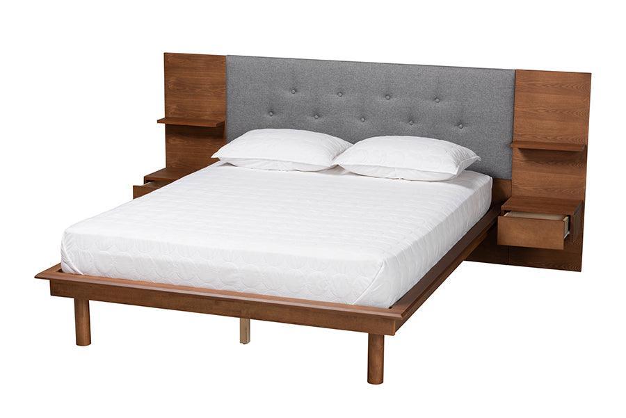 Eliana Mid-Century Modern Transitional Grey Fabric and Ash Walnut Finished Wood King Size Platform Storage Bed with Built-In Nightstands FredCo
