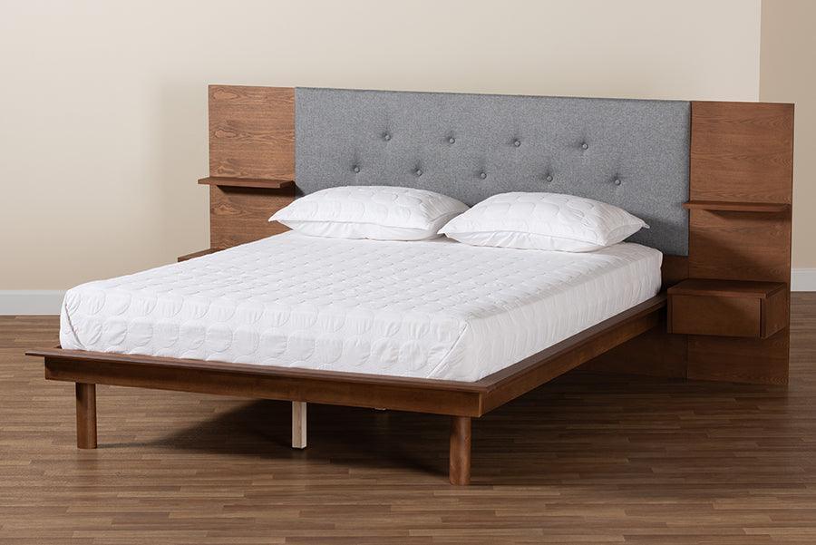 Eliana Mid-Century Modern Transitional Grey Fabric and Ash Walnut Finished Wood King Size Platform Storage Bed with Built-In Nightstands FredCo