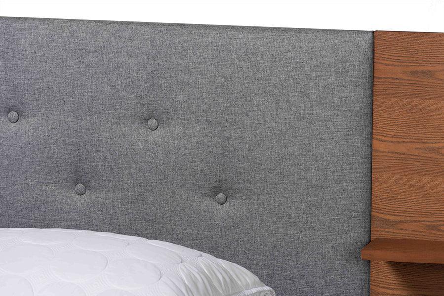 Eliana Mid-Century Modern Transitional Grey Fabric and Ash Walnut Finished Wood King Size Platform Storage Bed with Built-In Nightstands FredCo