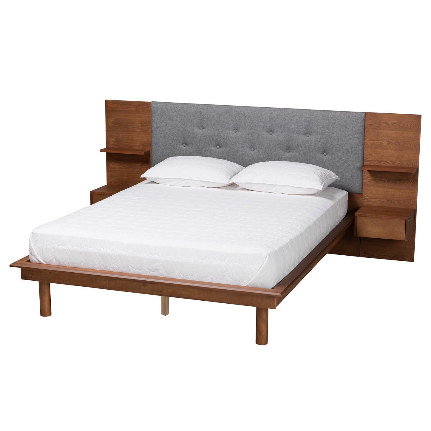 Eliana Mid-Century Modern Transitional Grey Fabric and Ash Walnut Finished Wood King Size Platform Storage Bed with Built-In Nightstands FredCo