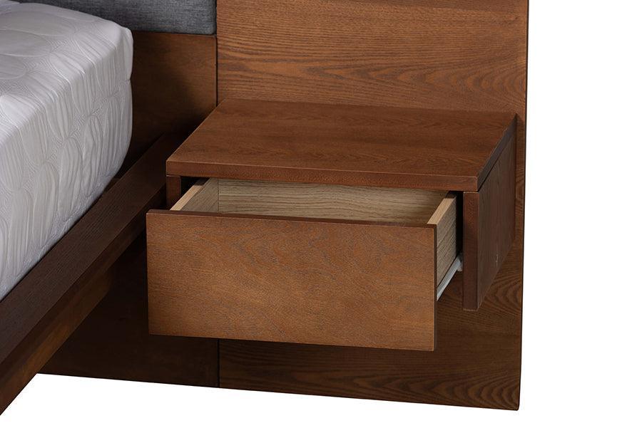 Eliana Mid-Century Modern Transitional Grey Fabric and Ash Walnut Finished Wood King Size Platform Storage Bed with Built-In Nightstands FredCo