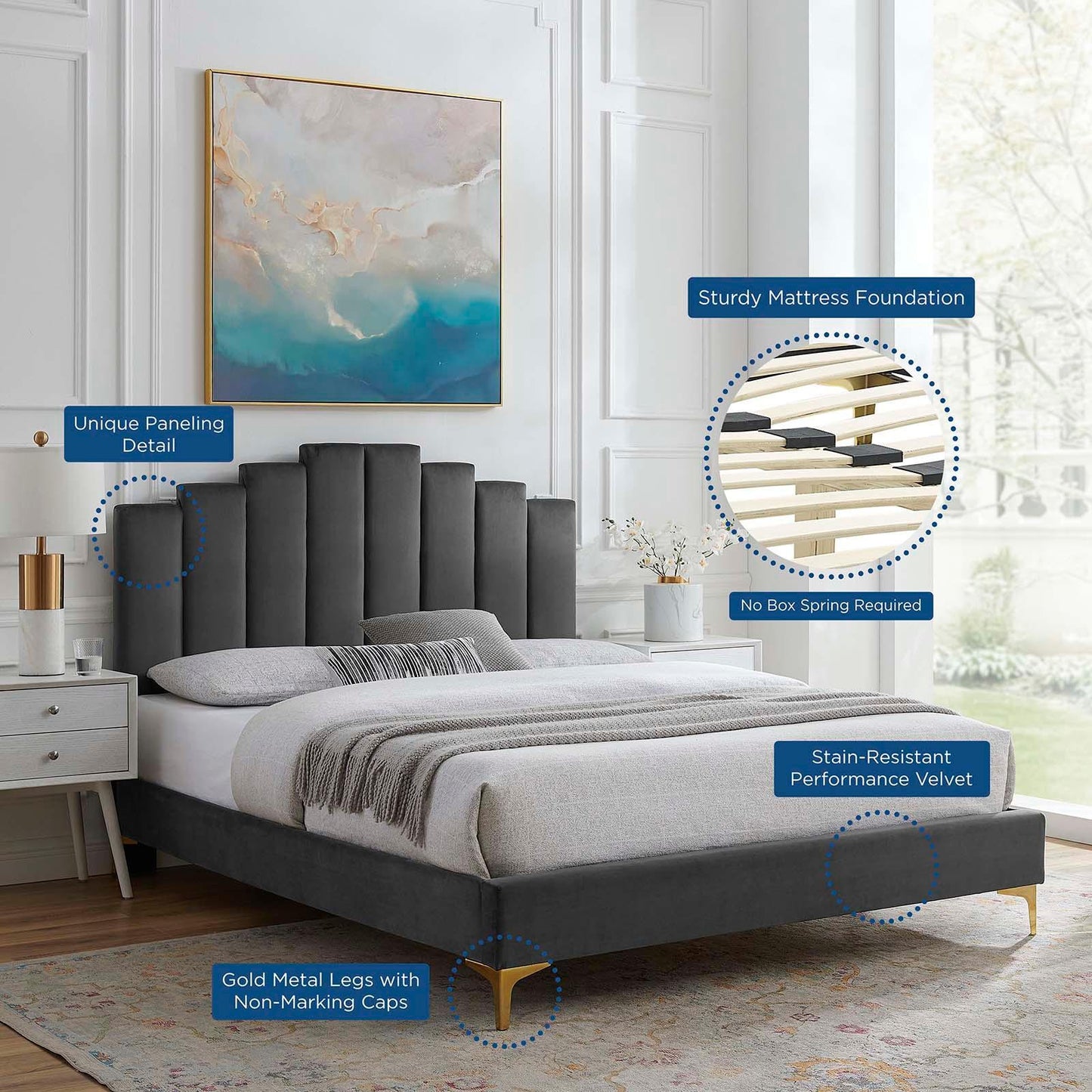 Elise Full Performance Velvet Platform Bed, MOD-6880 FredCo
