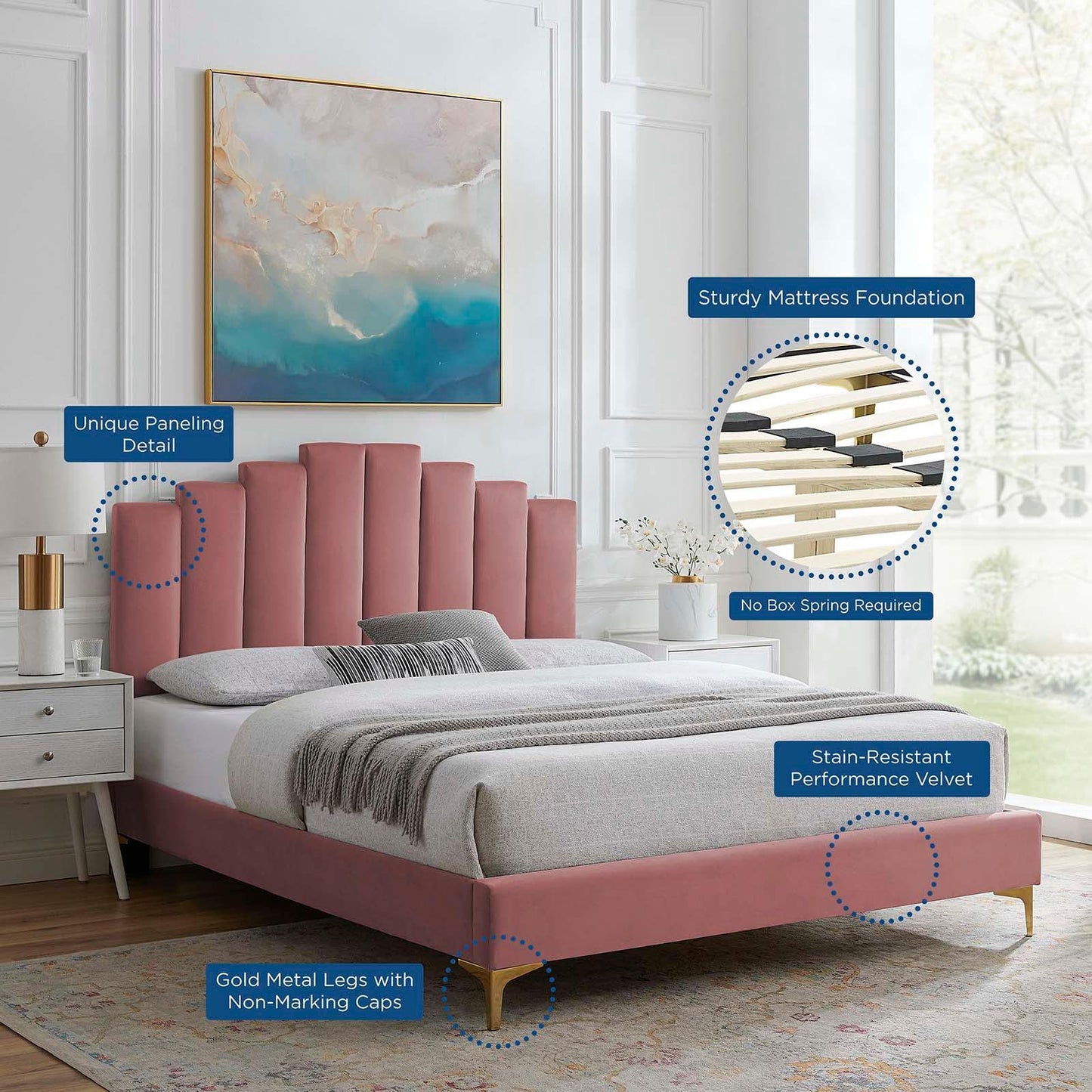 Elise Twin Performance Velvet Platform Bed, MOD-6879 FredCo