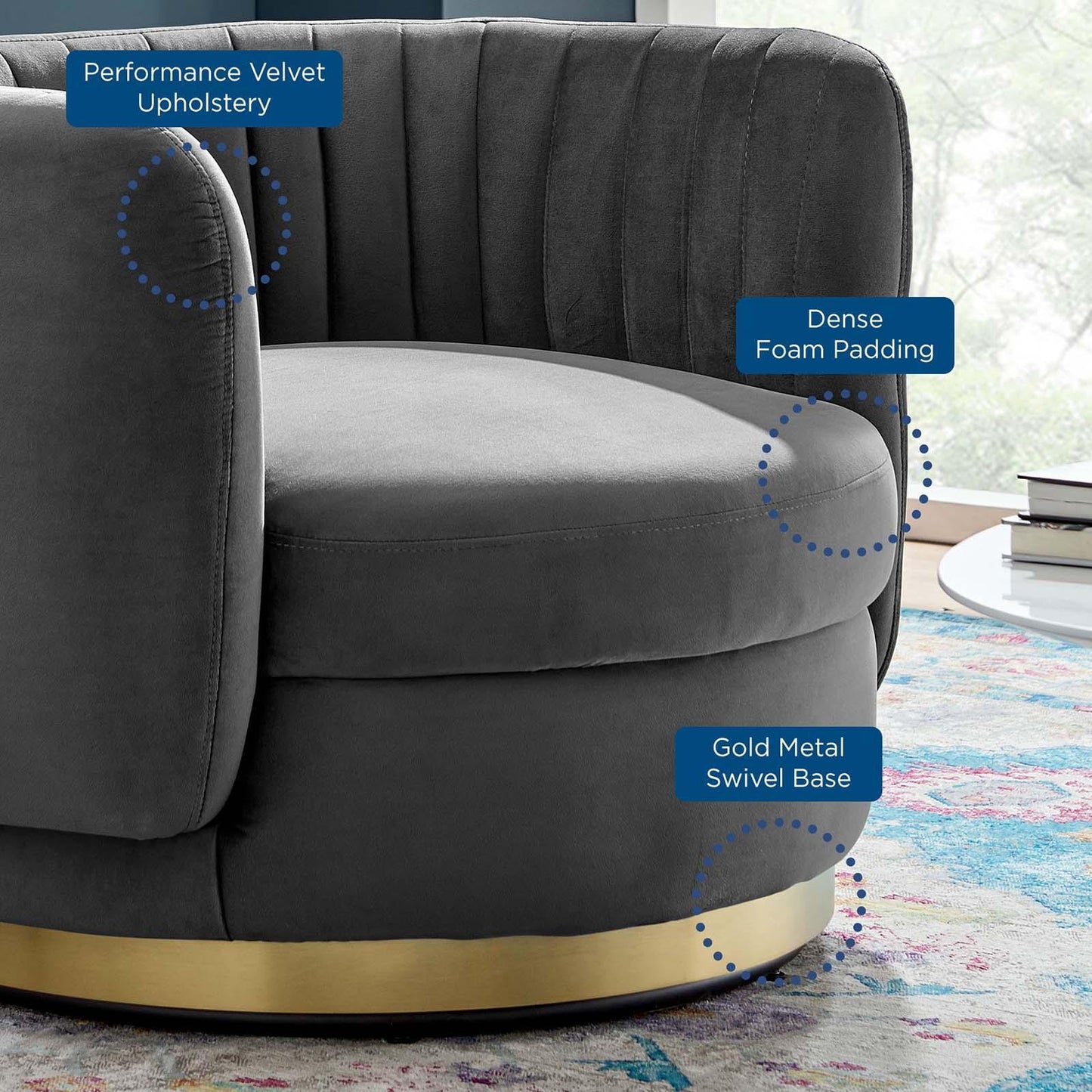 Embrace Tufted Performance Velvet Swivel Chair, EEI-4997 FredCo