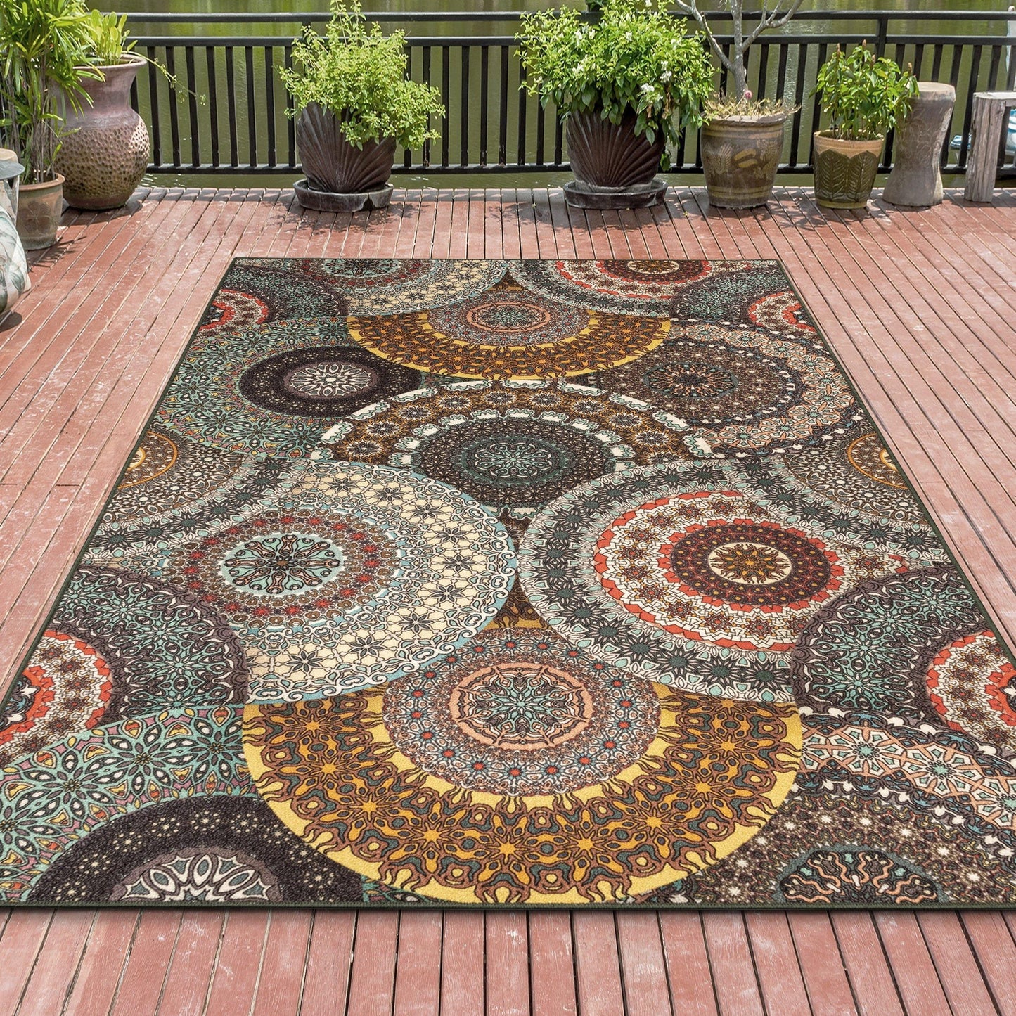 Evaline Outdoor Non-Slip Floral Medallion Patio Rug FredCo