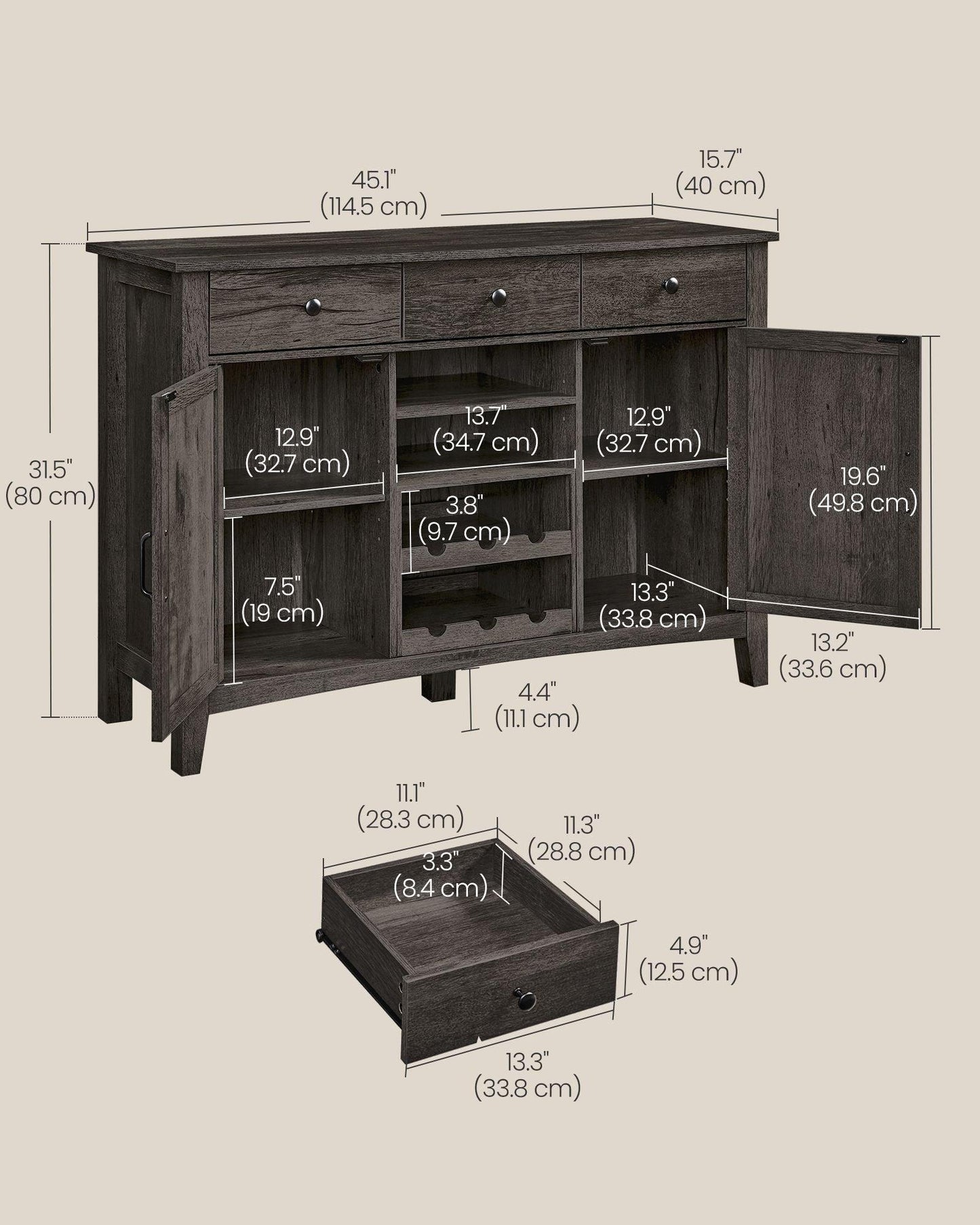 Farmhouse Buffet Cabinet with Wine Rack Stone Gray FredCo