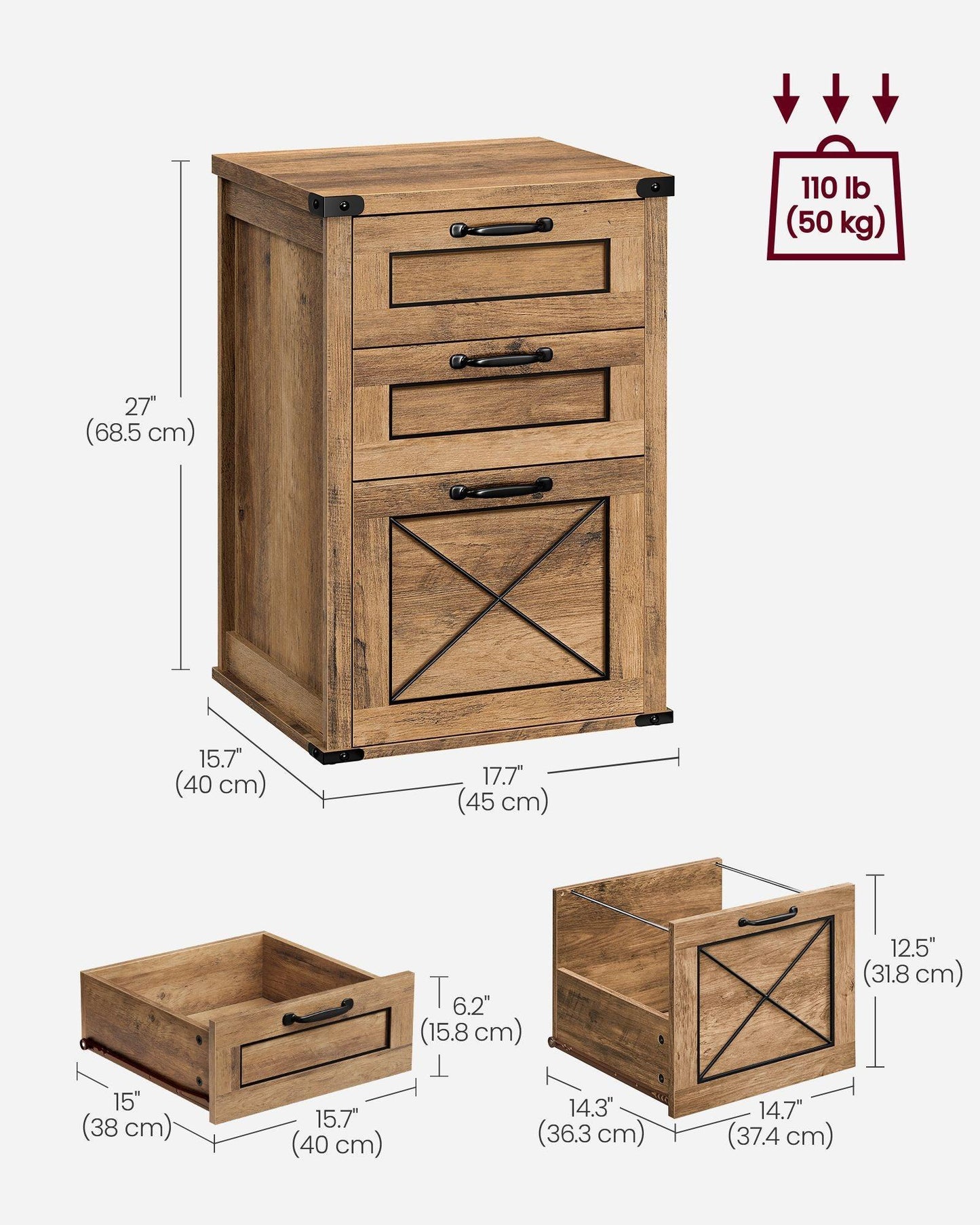 File Cabinet with 3 Drawers Honey Brown FredCo