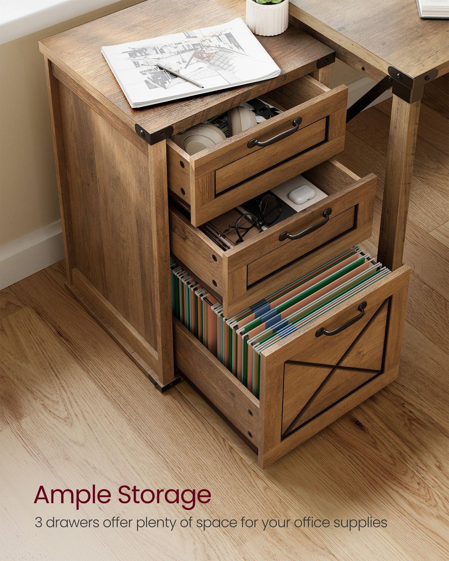 File Cabinet with 3 Drawers Honey Brown FredCo