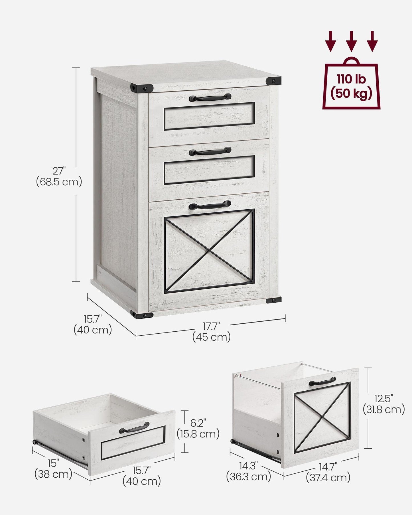 File Cabinet with 3 Drawers Rustic White FredCo