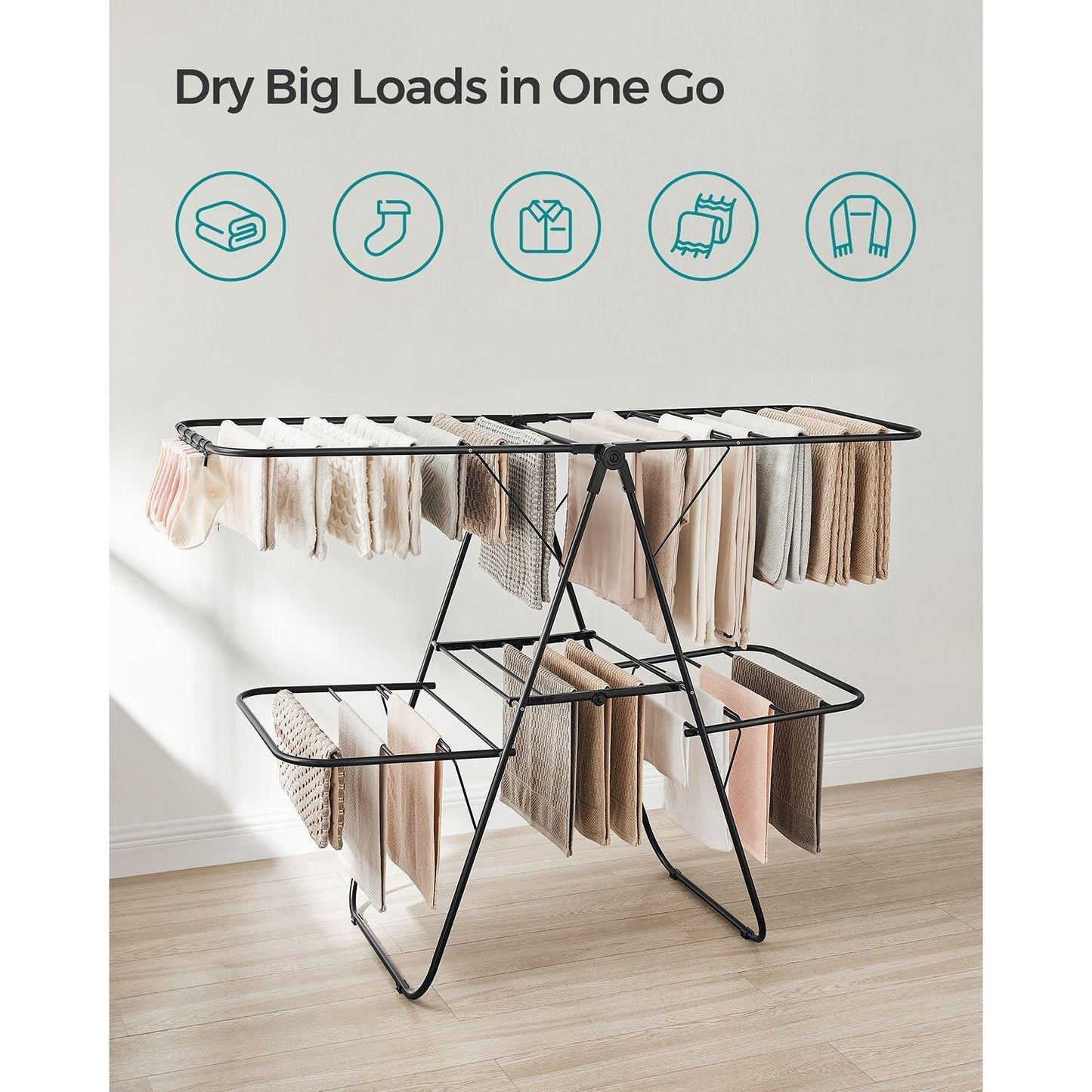 Foldable 2-Level Laundry Drying Rack Black FredCo