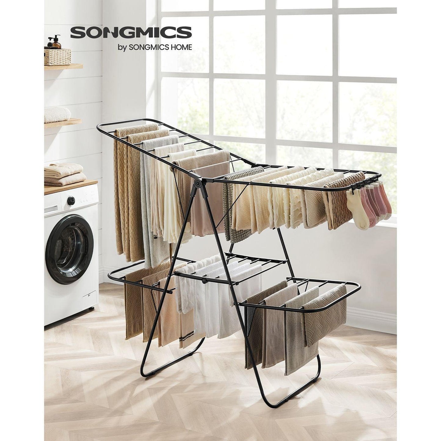 Foldable 2-Level Laundry Drying Rack Black FredCo