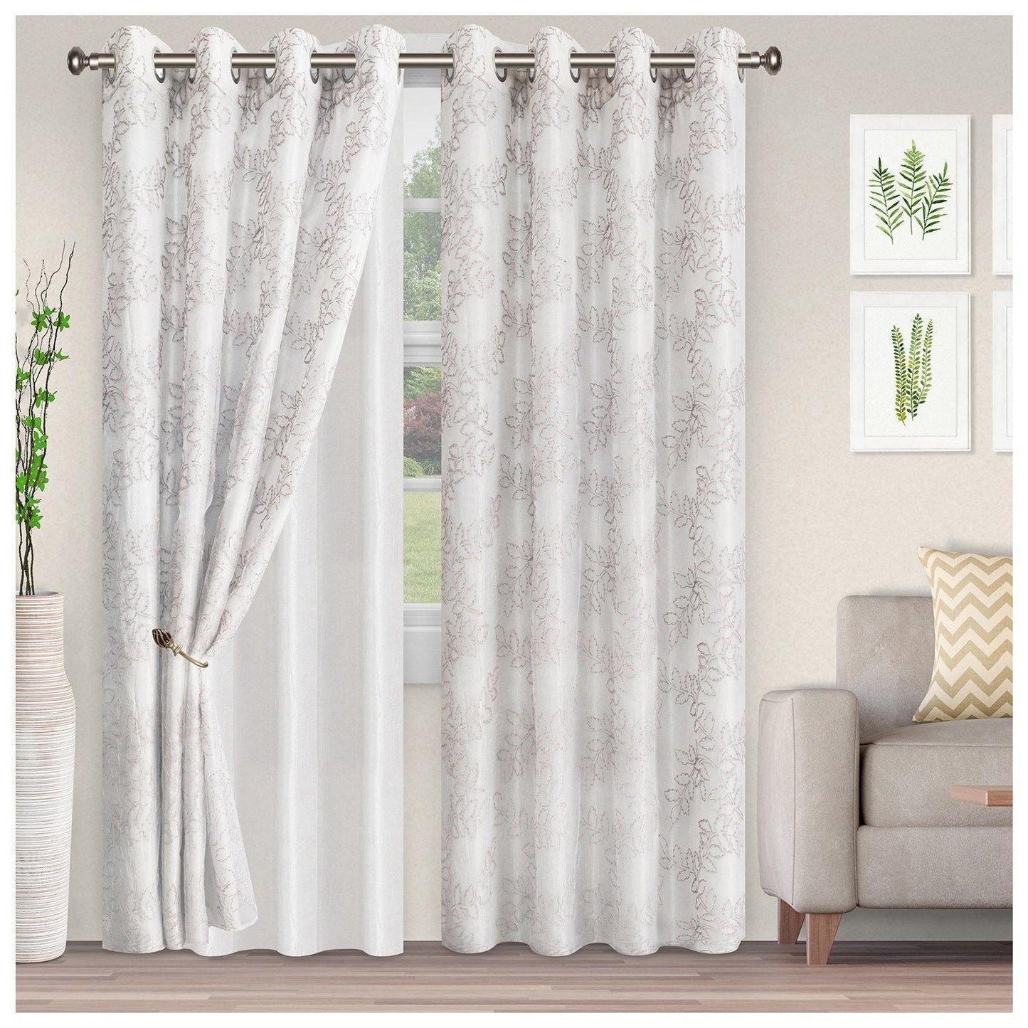 Foliage Embroidered Leaves Sheer Grommet Panel 2-Piece Curtain Set FredCo