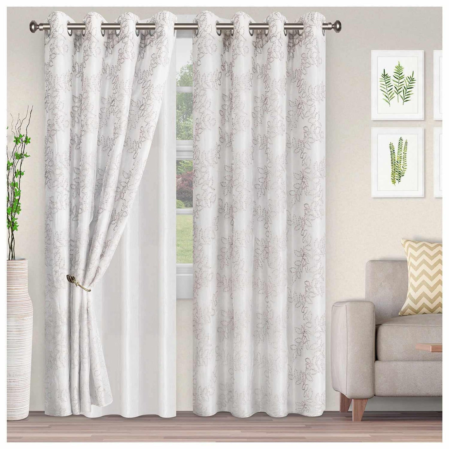 Foliage Embroidered Leaves Sheer Grommet Panel 2-Piece Curtain Set FredCo