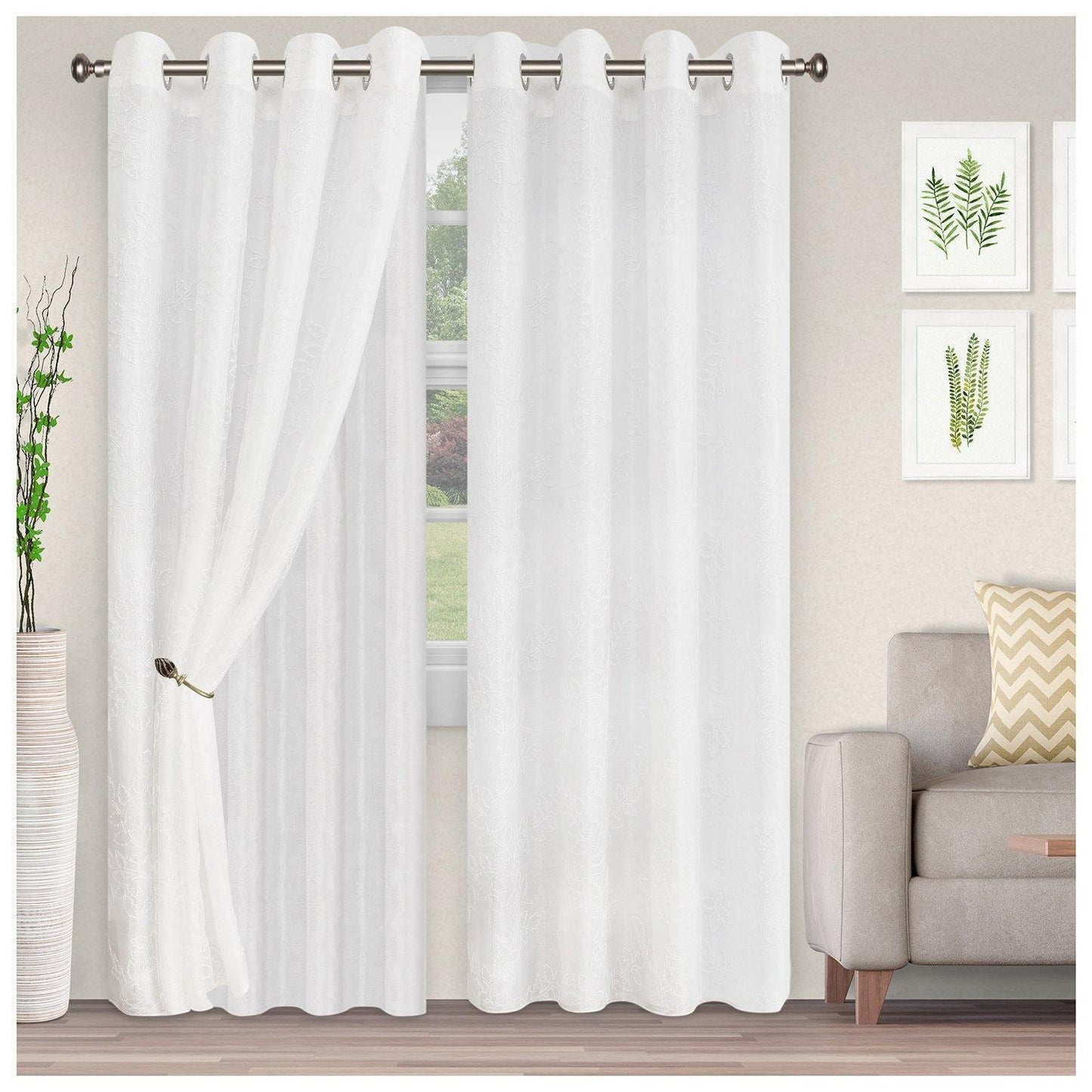 Foliage Embroidered Leaves Sheer Grommet Panel 2-Piece Curtain Set FredCo