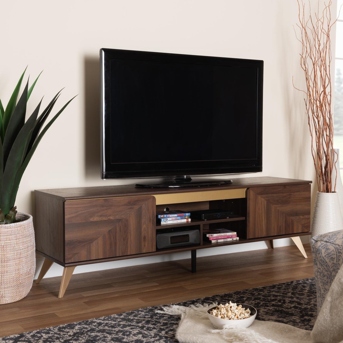 Graceland Mid-Century Modern Transitional Walnut Brown Finished Wood 2-Door TV Stand FredCo