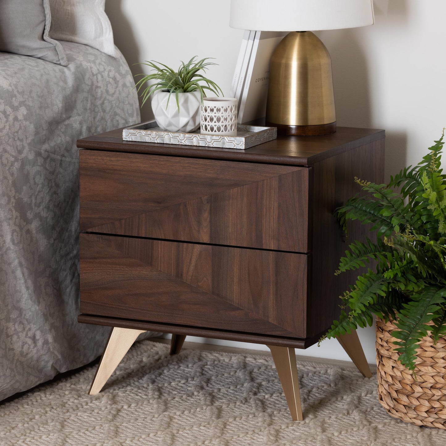 Graceland Mid-Century Modern Transitional Walnut Brown Finished Wood 2-Drawer Nightstand FredCo