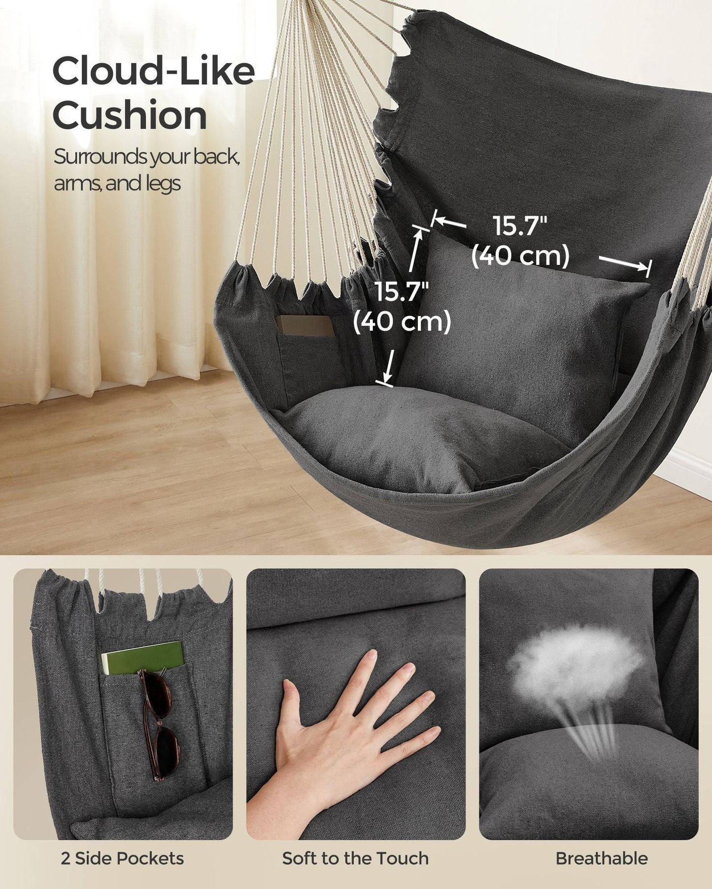 Hammock Chair with 2 Cushions Slate Gray FredCo