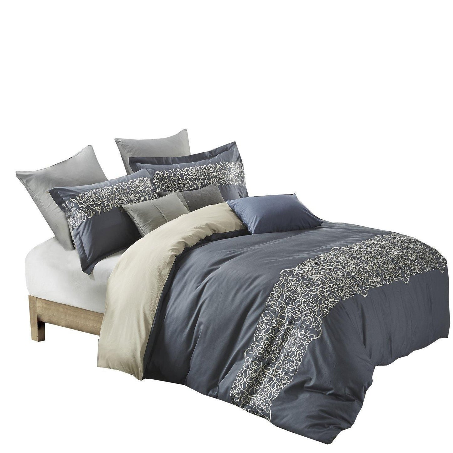 Harrison 100% Cotton Oriental Embroidered Duvet Cover Pillow Sham Set FredCo