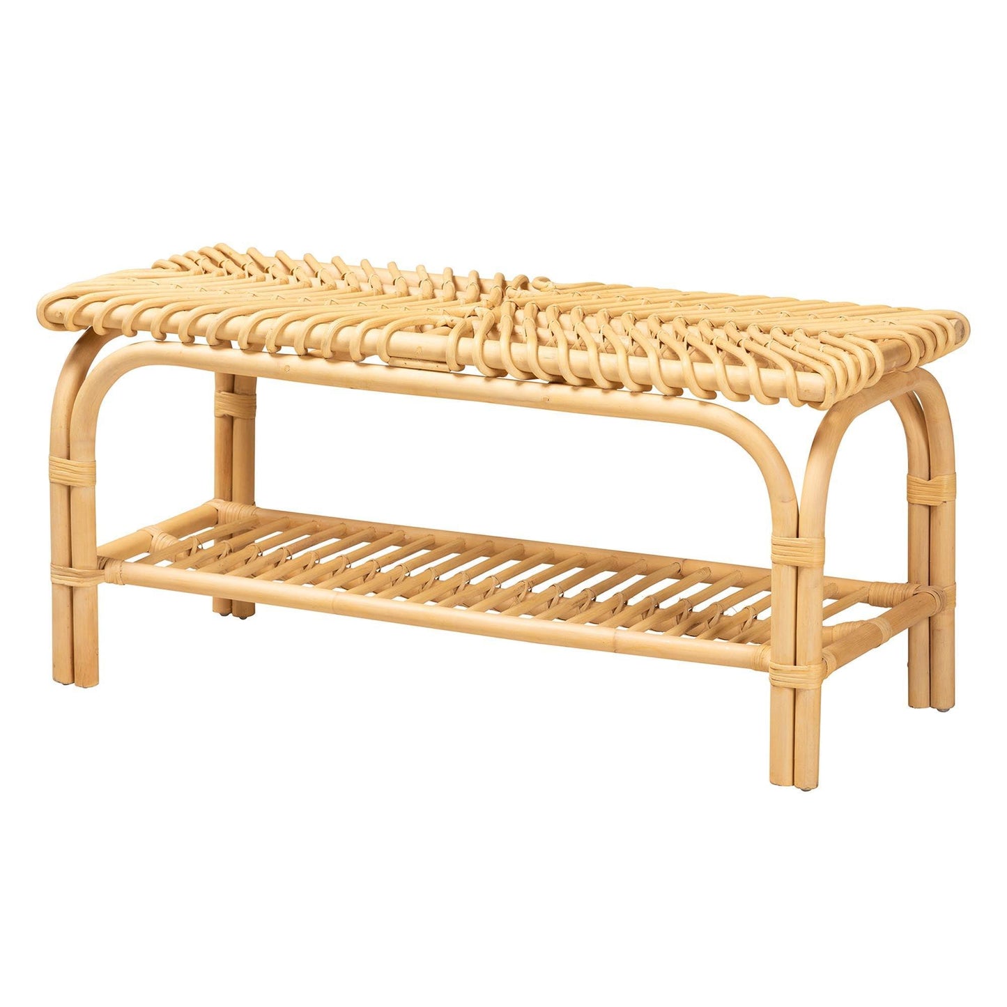 Himari Modern Bohemian Natural Brown Rattan Accent Bench FredCo