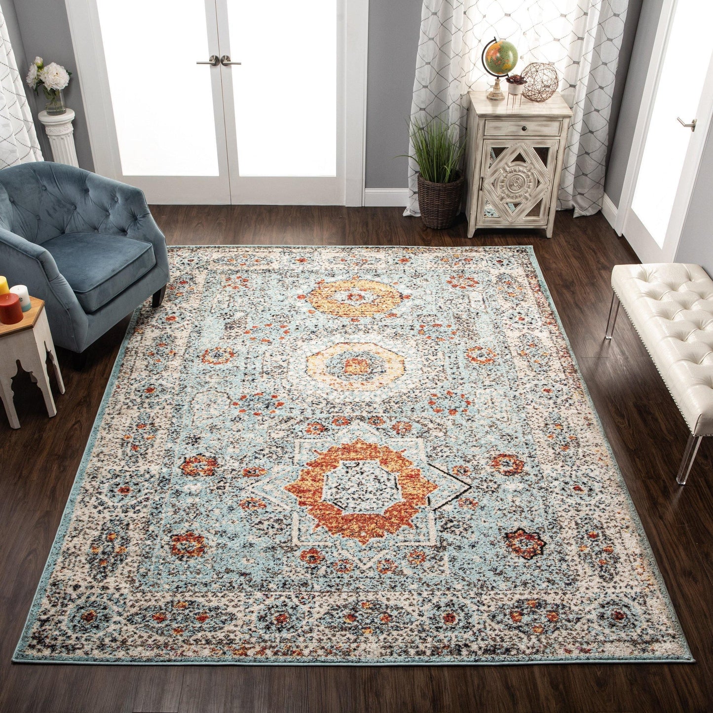 Idalia Vintage Contemporary Floral Light Blue Rug FredCo