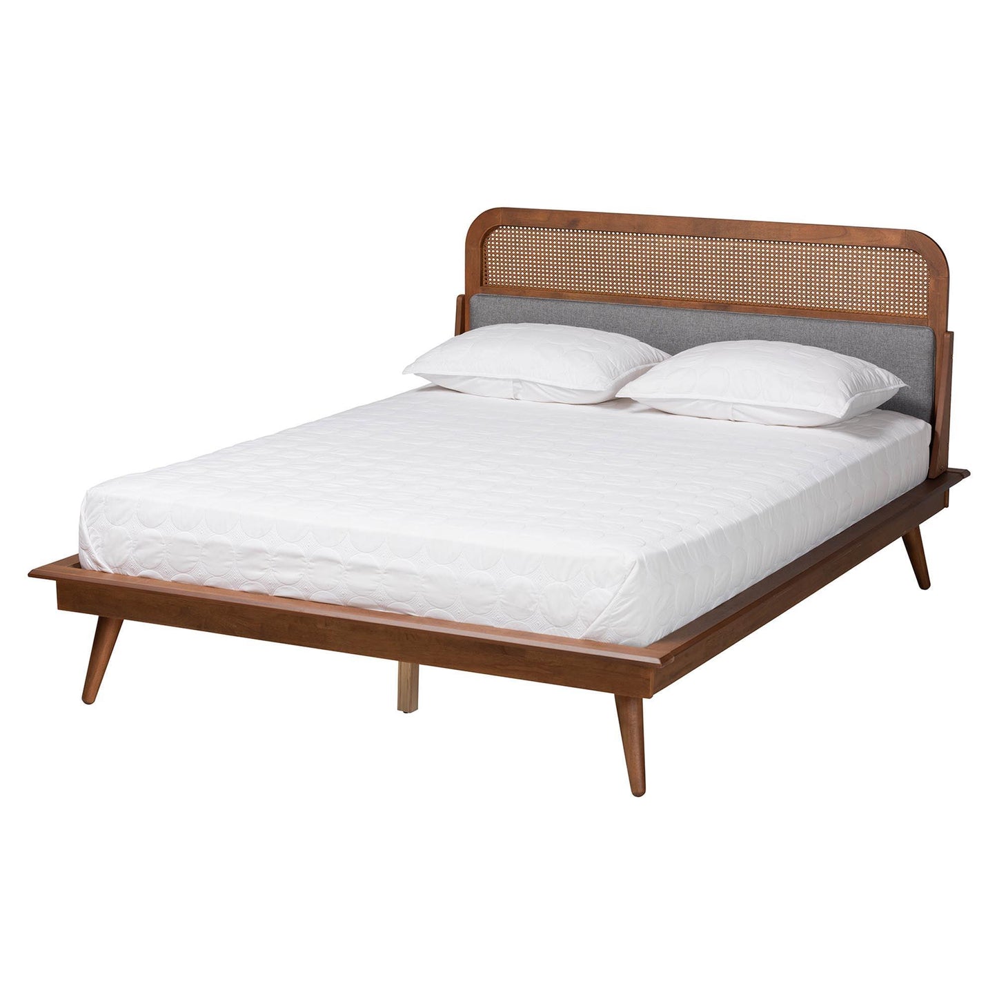 Irina Mid-Century Modern Grey Fabric and Ash Walnut Finished Wood Queen Size Platform Bed FredCo