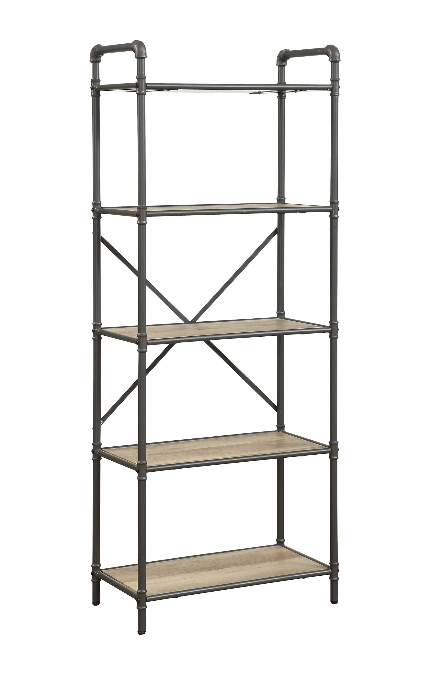 Itzel 5-Shelf Antique Oak & Sandy Gray Finish Bookshelf FredCo