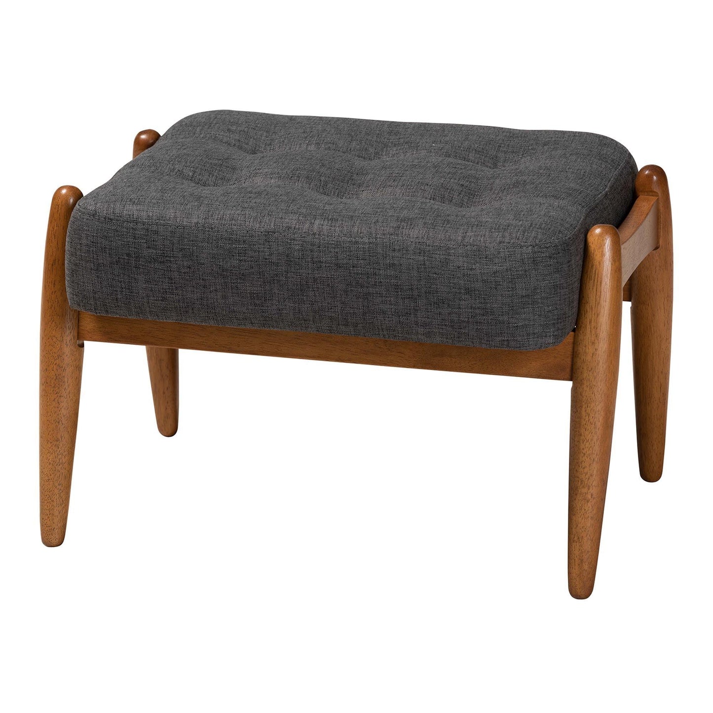 Jeanine Japandi Dark Grey Fabric and Walnut Brown Finished Wood Ottoman Footstool FredCo