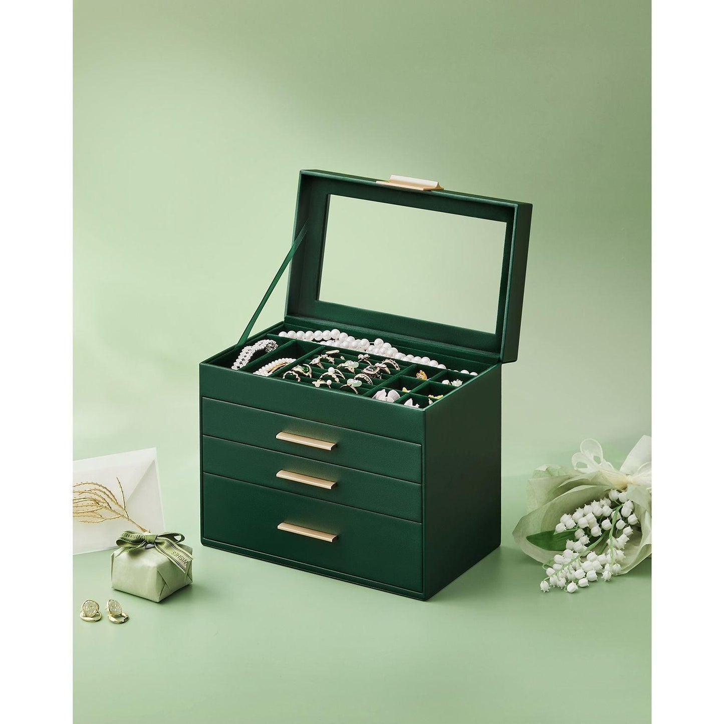 Jewelry Box with Glass Lid, 4-Layer Jewelry Organizer, 3 Drawers FredCo