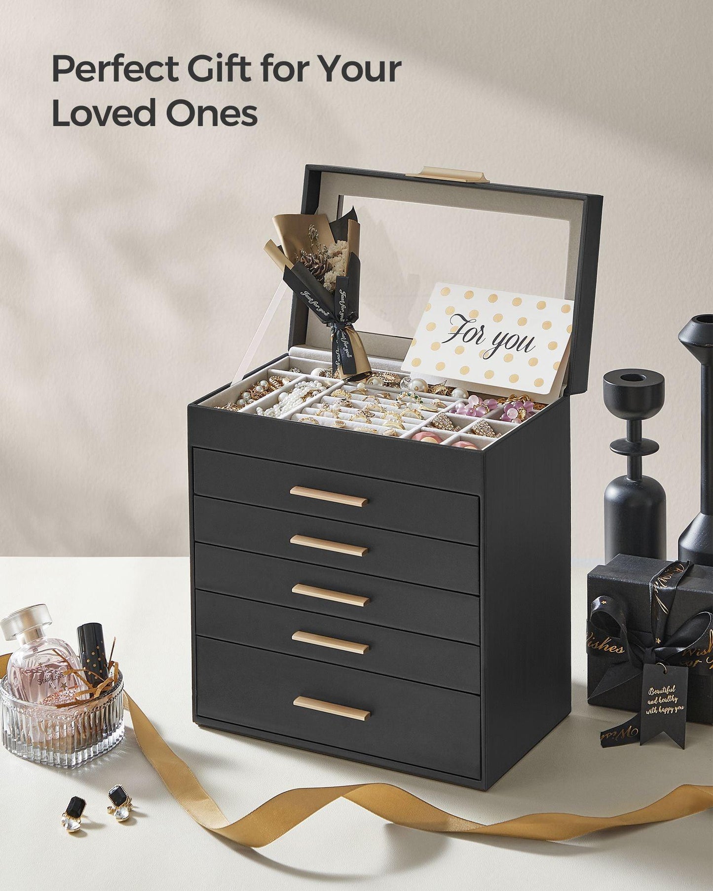 Jewelry Box with Glass Lid, 6-Layer Jewelry Organizer, 5 Drawers FredCo