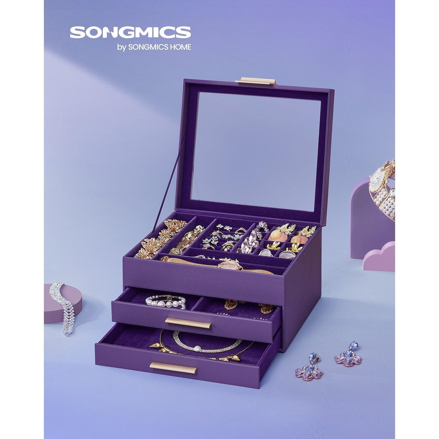 Jewelry Box with Glass Lid Purple and Gold Color FredCo