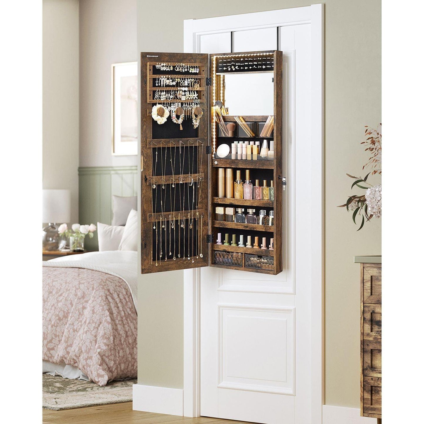 Jewelry Cabinet Armoire with Mirror Rustic Brown FredCo