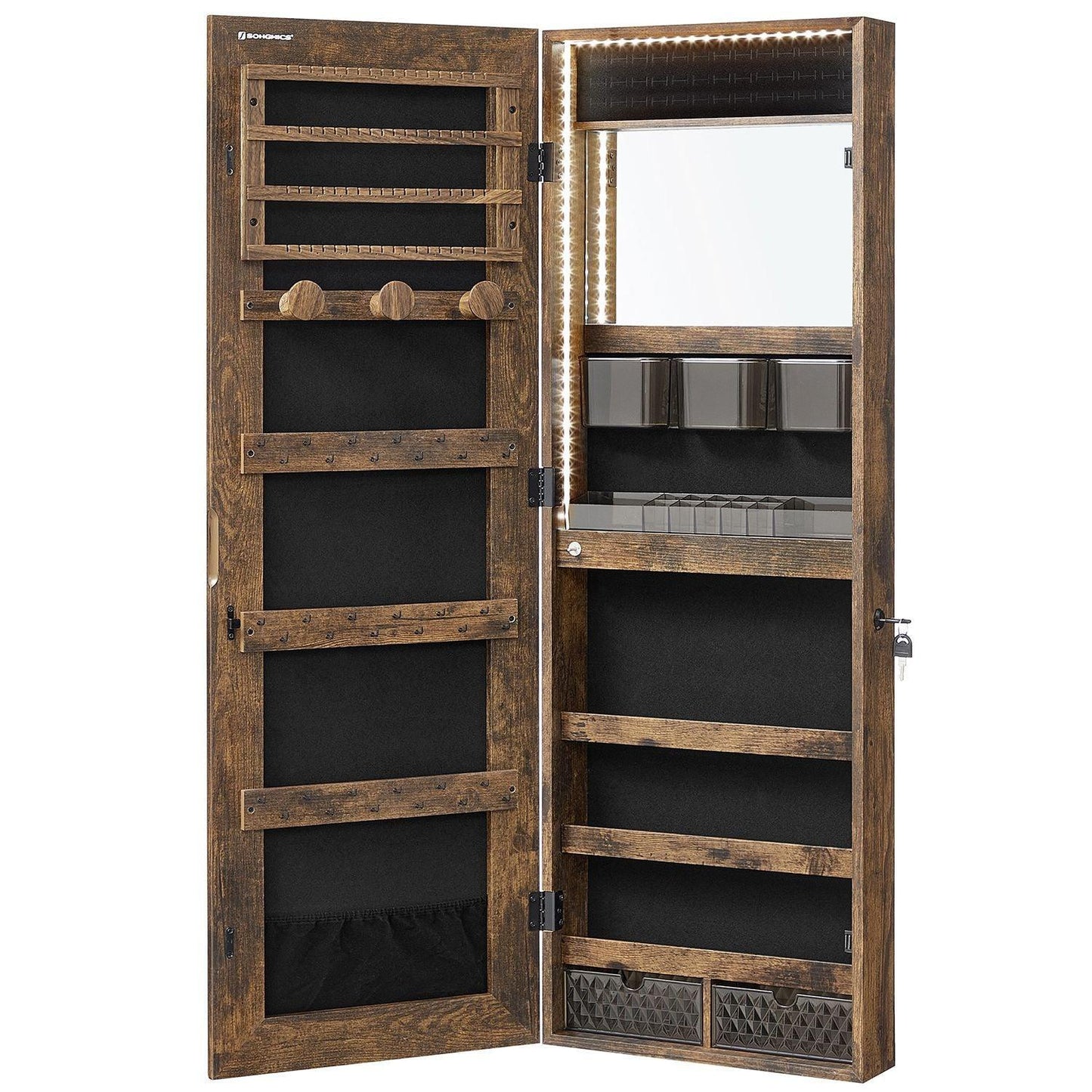 Jewelry Cabinet Armoire with Mirror Rustic Brown FredCo