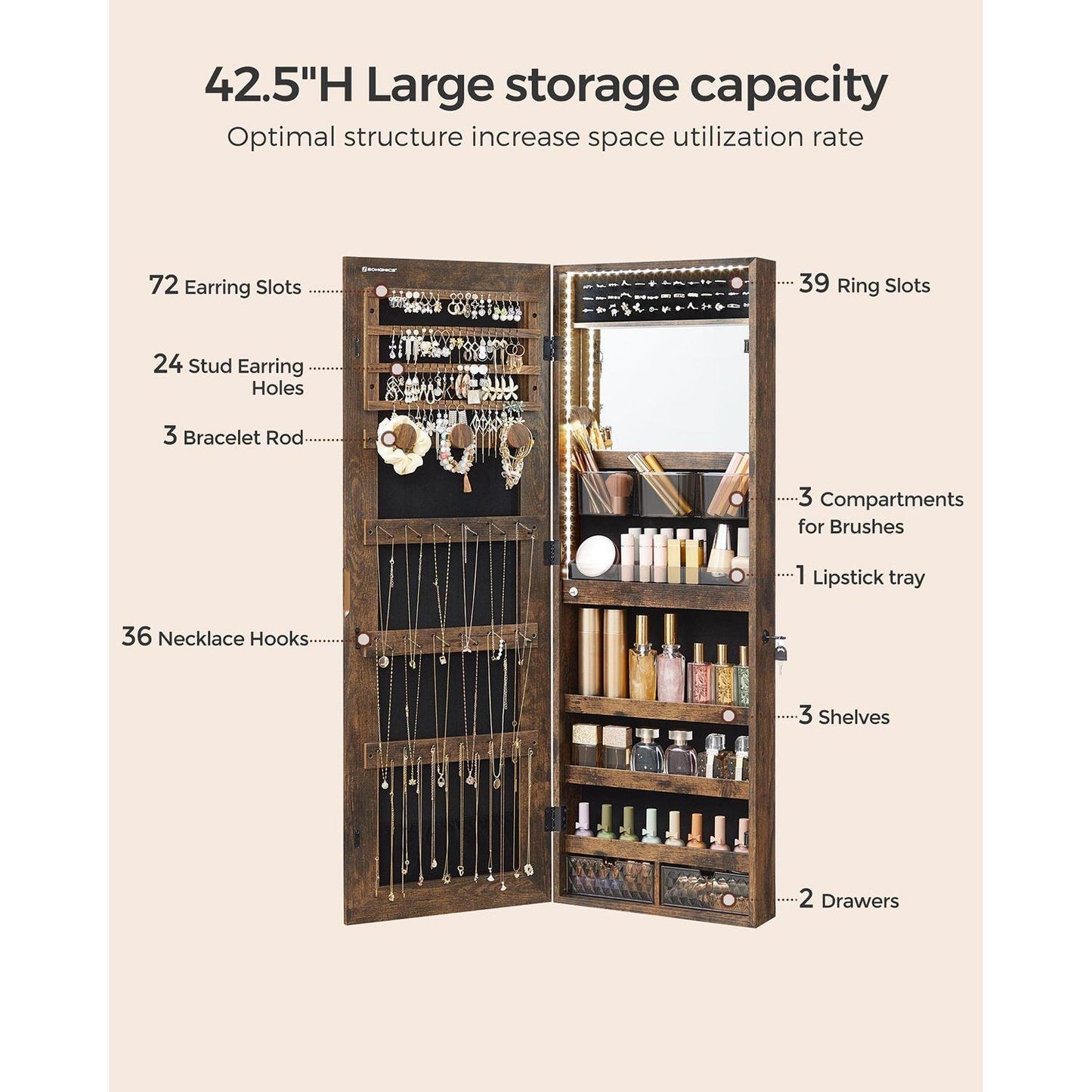 Jewelry Cabinet Armoire with Mirror Rustic Brown FredCo