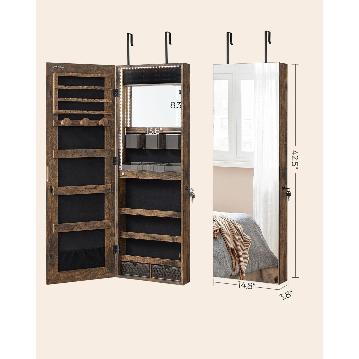 Jewelry Cabinet Armoire with Mirror Rustic Brown FredCo