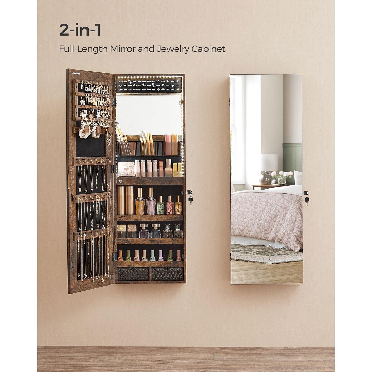 Jewelry Cabinet Armoire with Mirror Rustic Brown FredCo