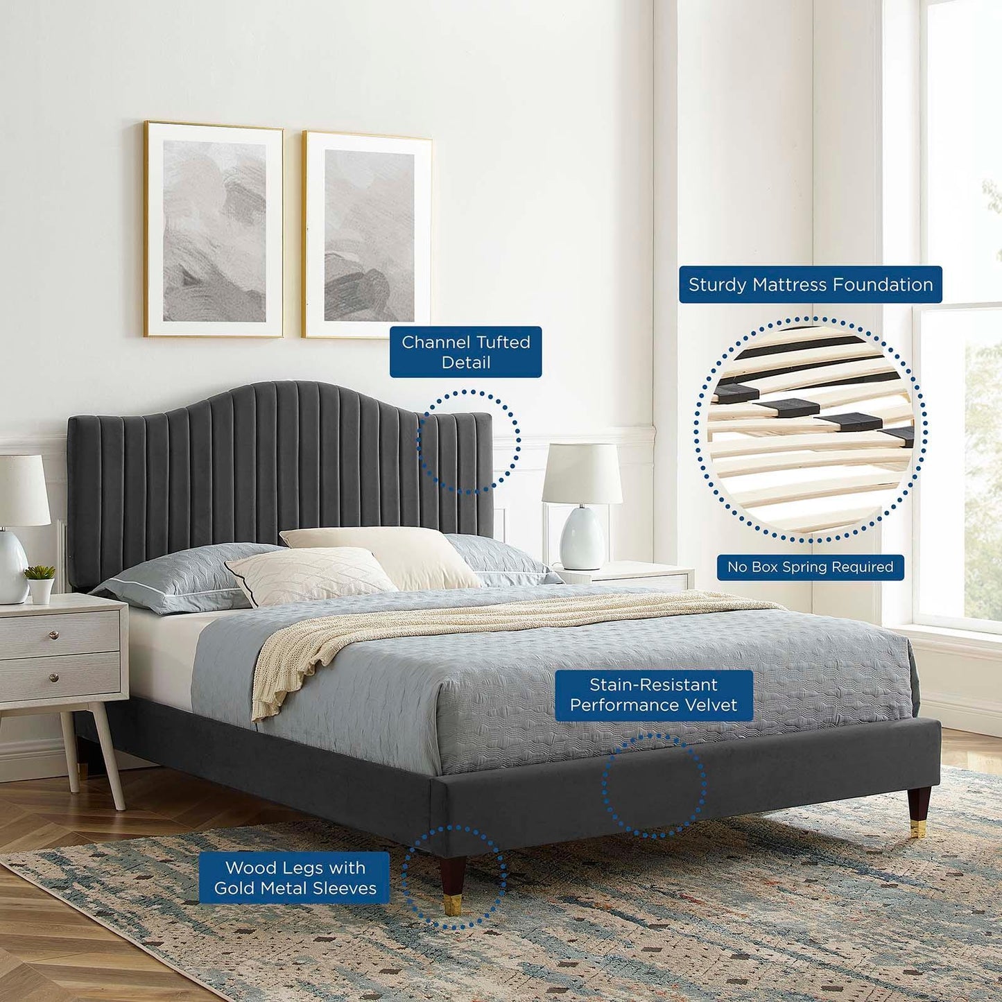 Juniper Channel Tufted Performance Velvet King Platform Bed, MOD-6749 FredCo