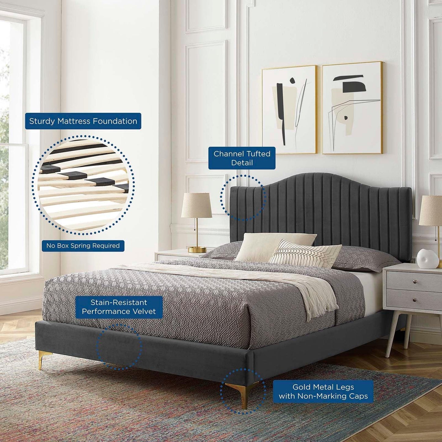 Juniper Channel Tufted Performance Velvet Twin Platform Bed, MOD-6742 FredCo