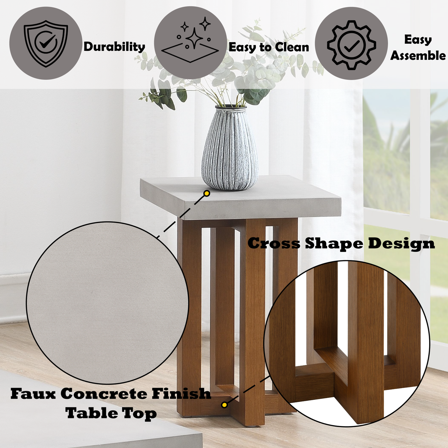 Keven Faux Concrete Top & Walnut Finish End Table FredCo