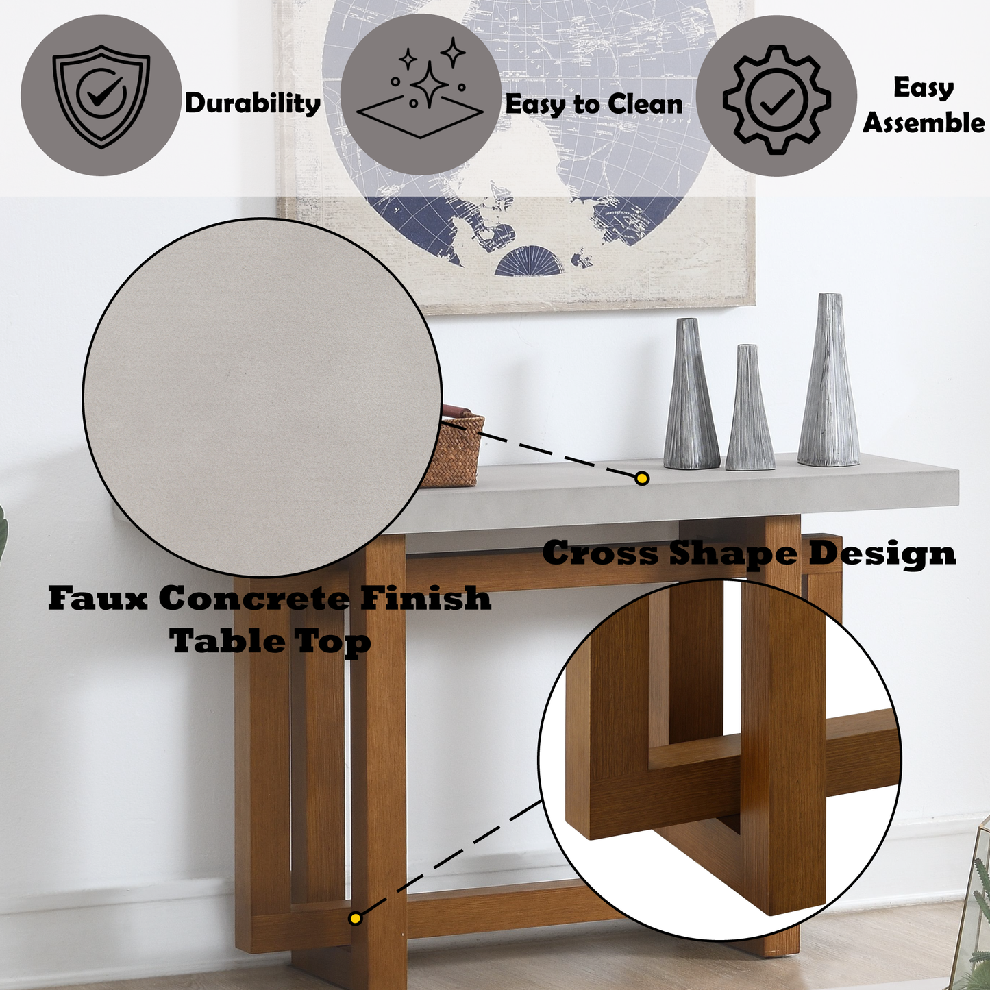 Keven Faux Concrete Top & Walnut Finish Sofa Table FredCo