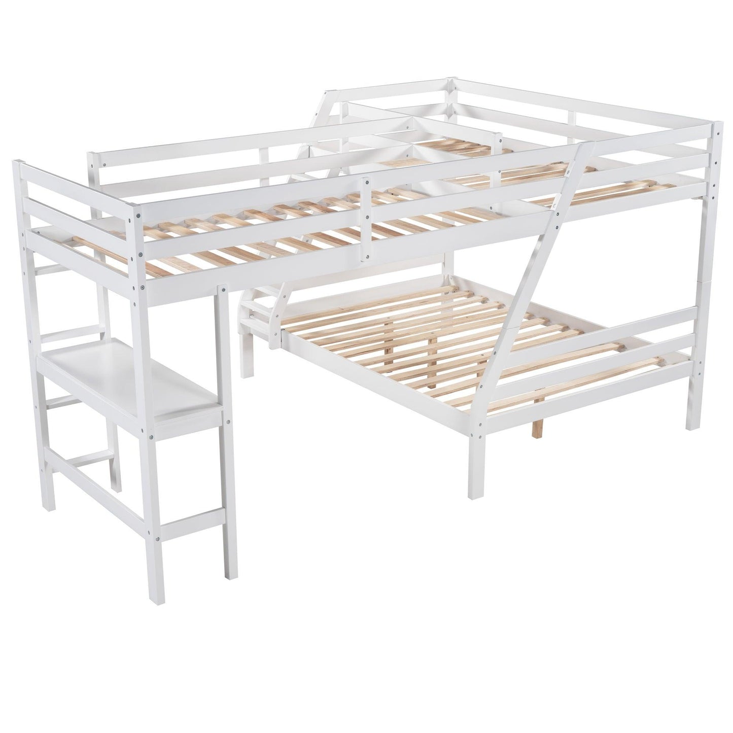 L-Shaped Twin over Full Bunk Bed and Twin Size Loft Bed with Built-in Desk,White FredCo