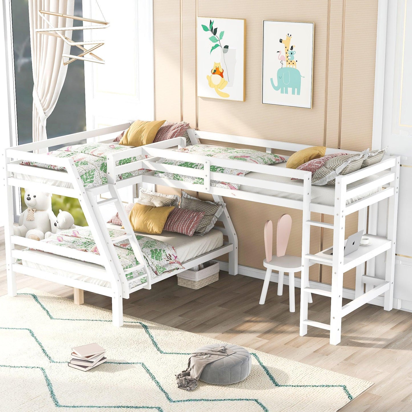 L-Shaped Twin over Full Bunk Bed and Twin Size Loft Bed with Built-in Desk,White FredCo