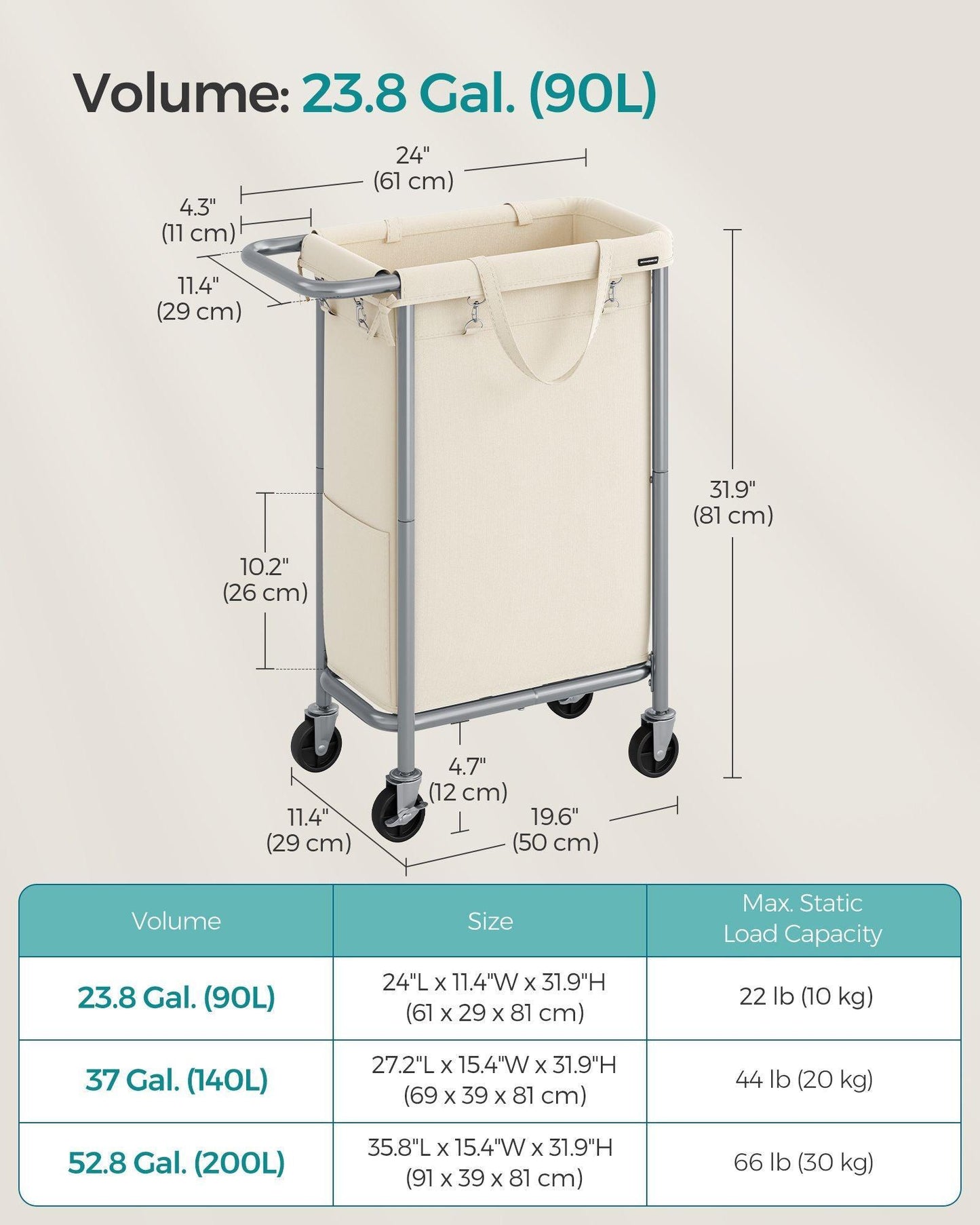 Laundry Basket with Wheels, Rolling Laundry Hamper Cream FredCo
