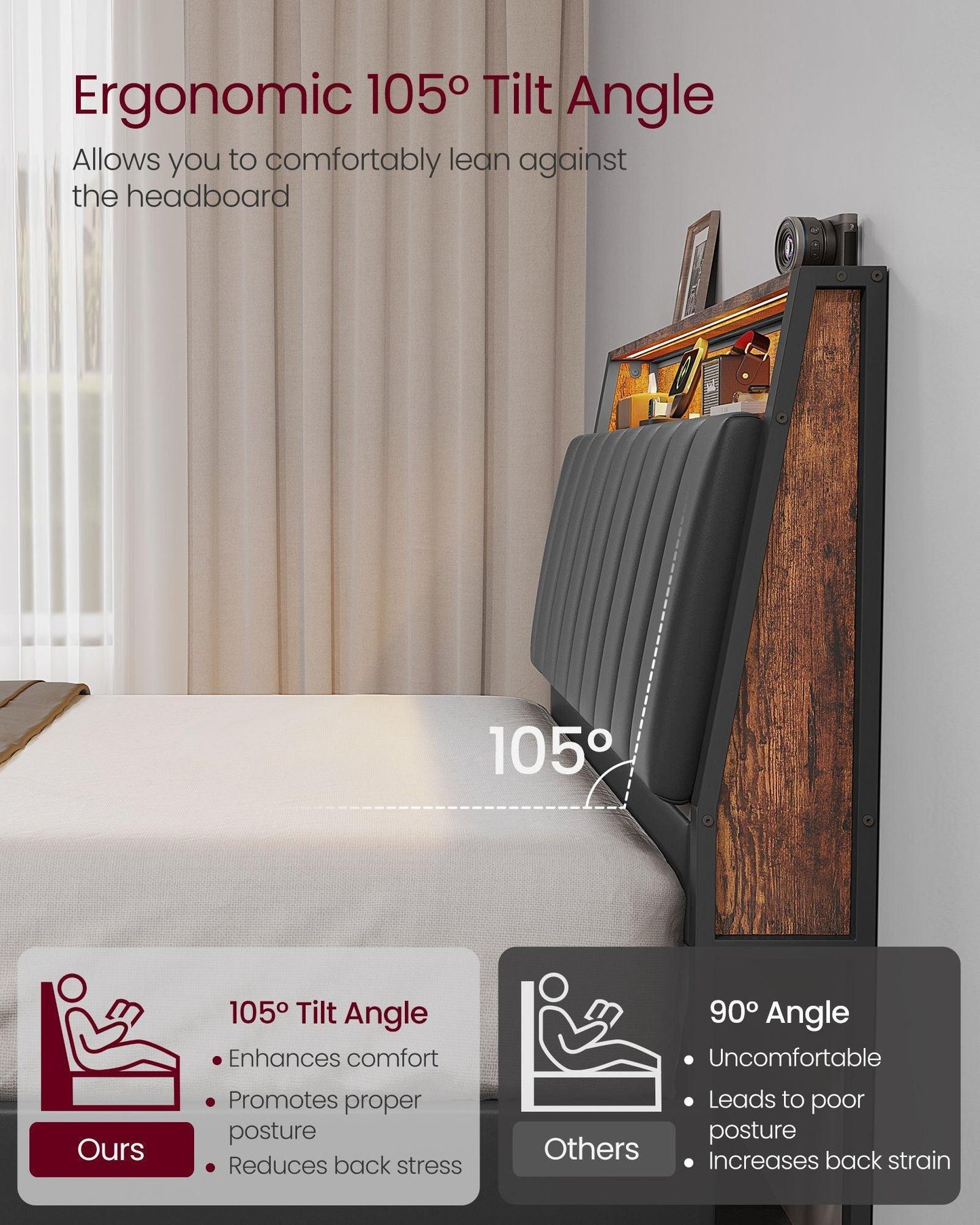 LED Bed Frame Full Size, Storage Headboard and Charging Station FredCo