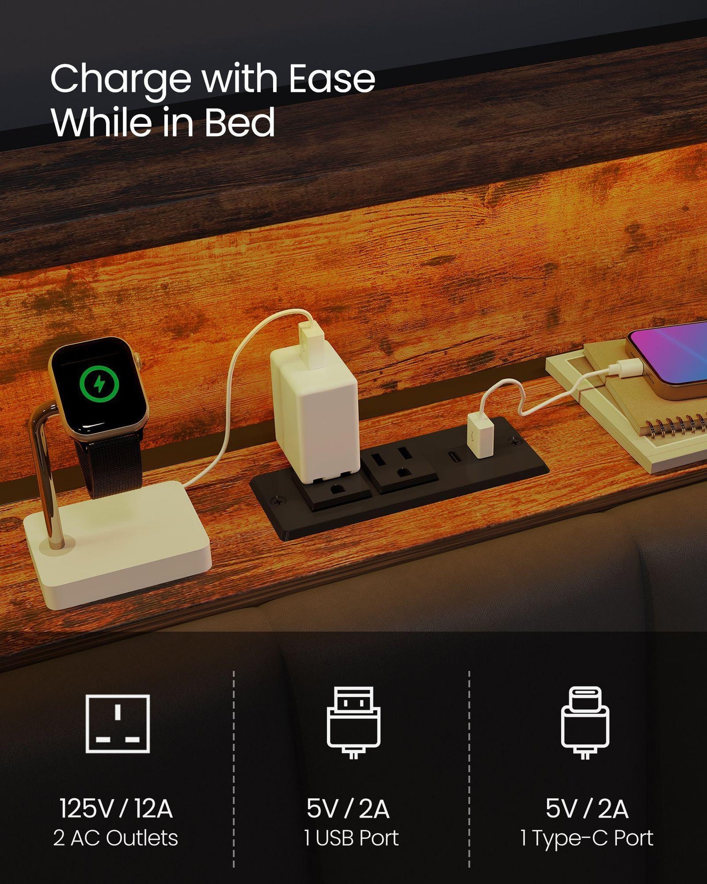 LED Bed Frame Full Size, Storage Headboard and Charging Station FredCo