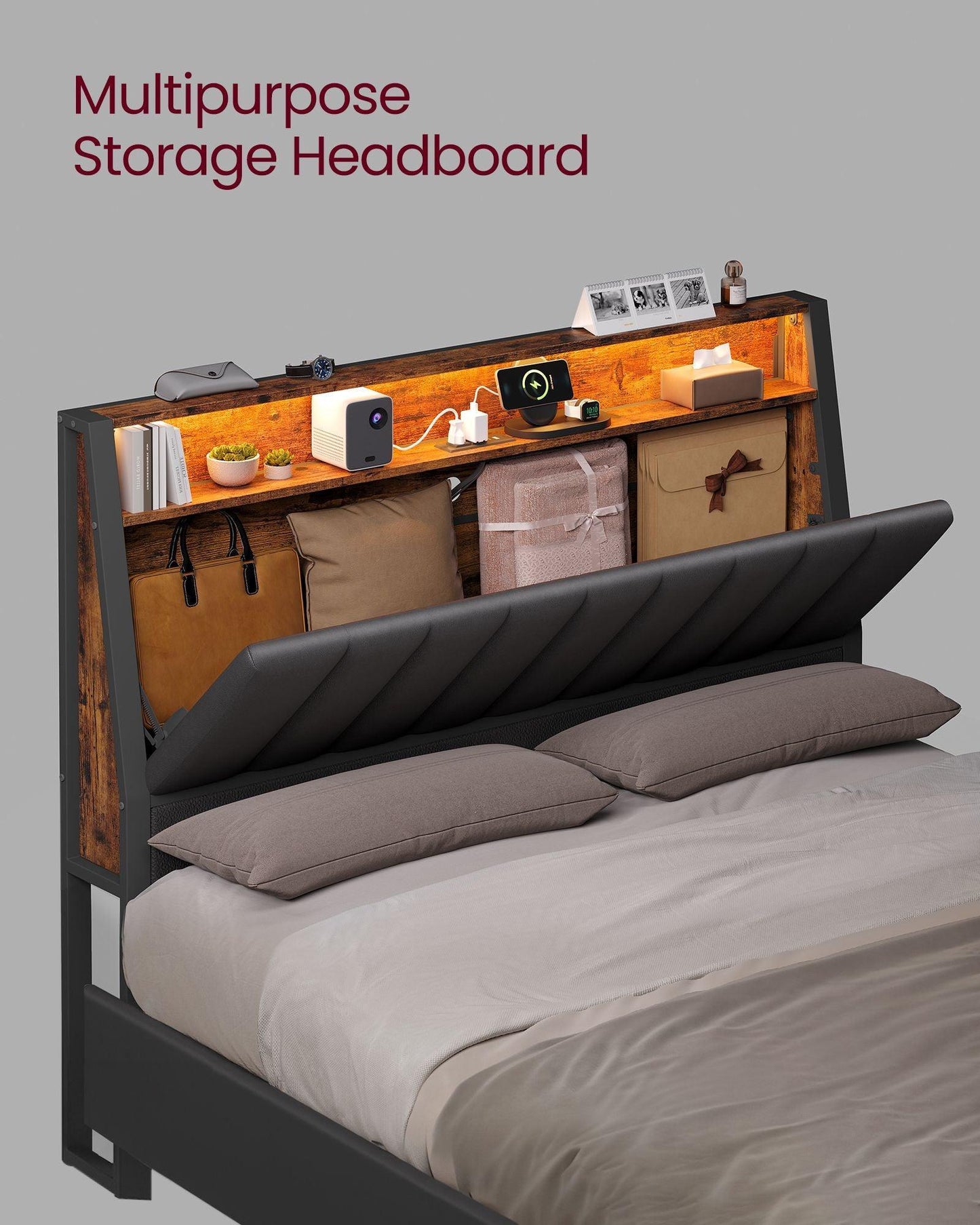 LED Bed Frame Full Size, Storage Headboard and Charging Station FredCo