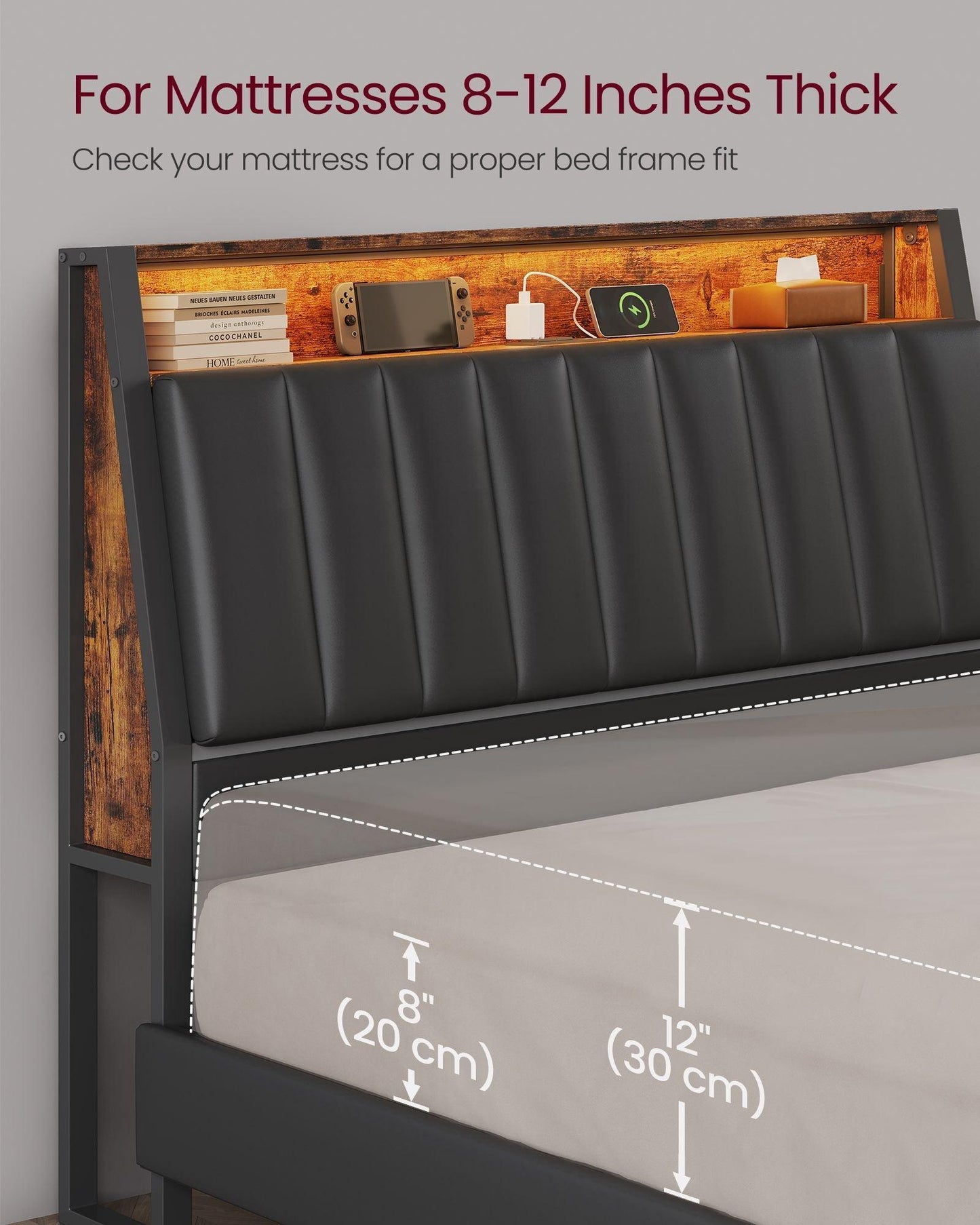 LED Bed Frame Full Size, Storage Headboard and Charging Station FredCo