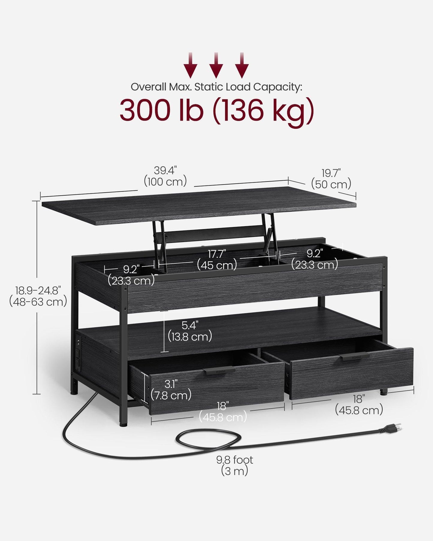 Lift Top Coffee Table with Power Outlet Charcoal Gray and Classic Black FredCo